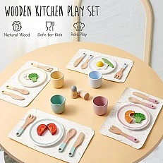 Children's Wooden Dining Set 33 Pieces GINGER HOME – Role Play Set with Plates, Cups, Cutlery and Stands