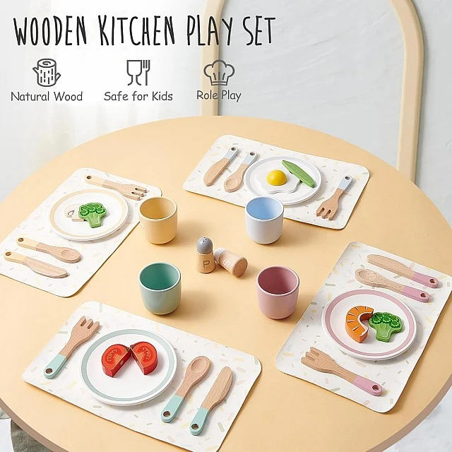 Children's Wooden Dining Set 33 Pieces GINGER HOME – Role Play Set with Plates, Cups, Cutlery and Stands