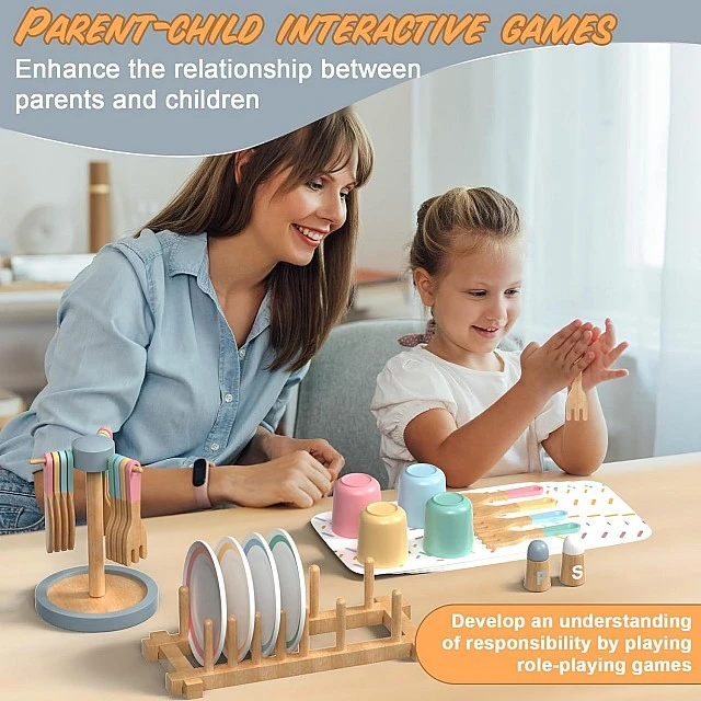 Children's Wooden Dining Set 33 Pieces GINGER HOME – Role Play Set with Plates, Cups, Cutlery and Stands