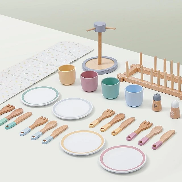 Children's Wooden Dining Set 33 Pieces GINGER HOME – Role Play Set with Plates, Cups, Cutlery and Stands