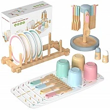 Children's Wooden Dining Set 33 Pieces GINGER HOME – Role Play Set with Plates, Cups, Cutlery and Stands
