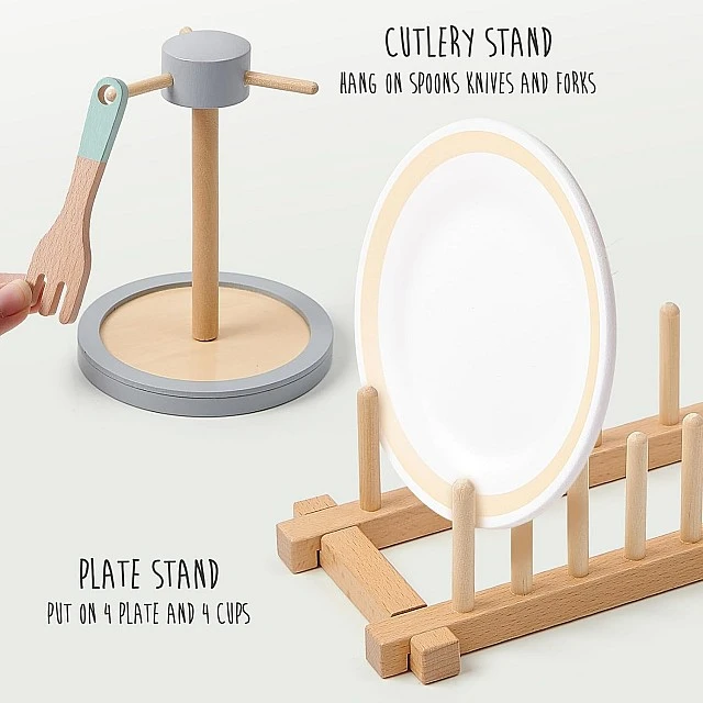 Children's Wooden Dining Set 33 Pieces GINGER HOME – Role Play Set with Plates, Cups, Cutlery and Stands