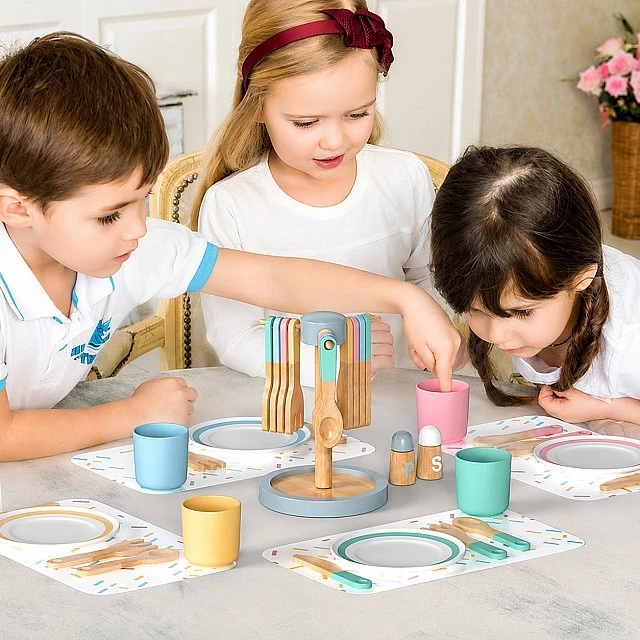 Children's Wooden Dining Set 33 Pieces GINGER HOME – Role Play Set with Plates, Cups, Cutlery and Stands