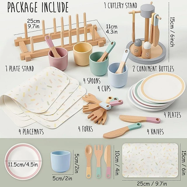 Children's Wooden Dining Set 33 Pieces GINGER HOME – Role Play Set with Plates, Cups, Cutlery and Stands