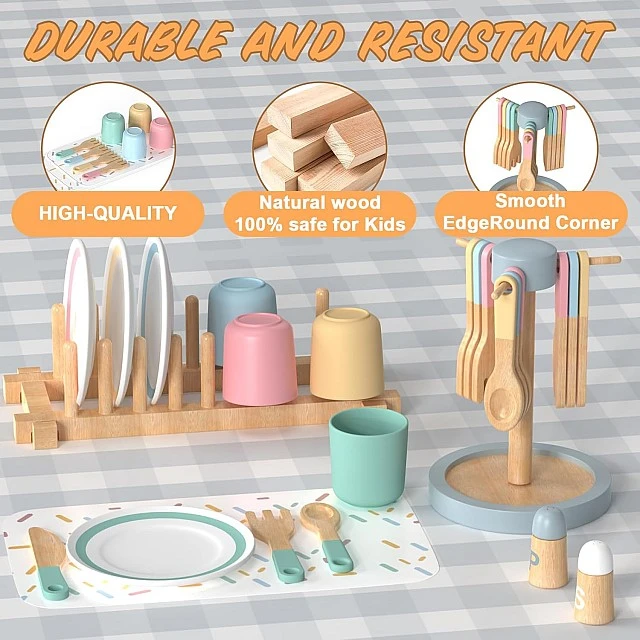 Children's Wooden Dining Set 33 Pieces GINGER HOME – Role Play Set with Plates, Cups, Cutlery and Stands
