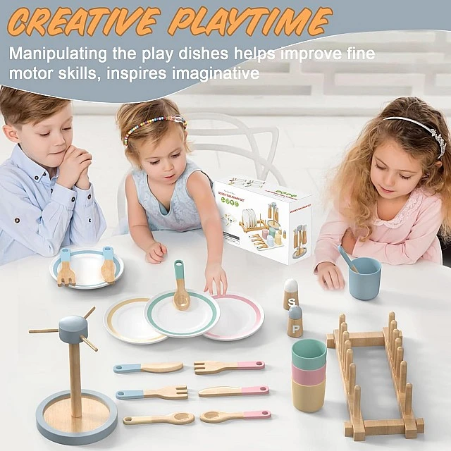 Children's Wooden Dining Set 33 Pieces GINGER HOME – Role Play Set with Plates, Cups, Cutlery and Stands