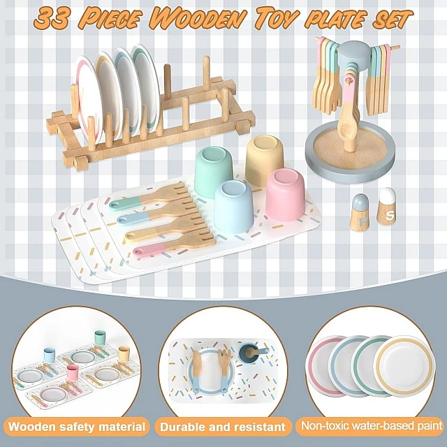 Children's Wooden Dining Set 33 Pieces GINGER HOME – Role Play Set with Plates, Cups, Cutlery and Stands