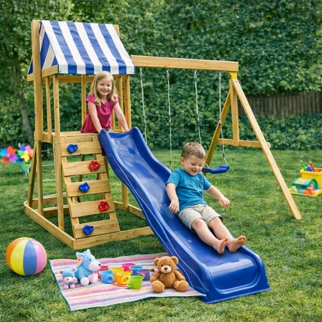 Children's Wooden Outdoor Play Set GINGER HOME 4 in 1 – Slide 1.8 m, 2 Swings, Climbing Frame and Rope Net, 308×318×244 cm