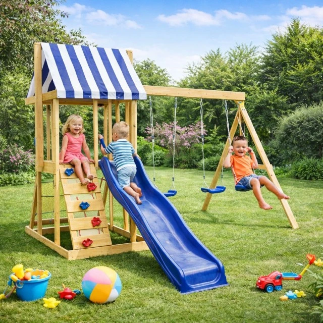 Children's Wooden Outdoor Play Set GINGER HOME 4 in 1 – Slide 1.8 m, 2 Swings, Climbing Frame and Rope Net, 308×318×244 cm