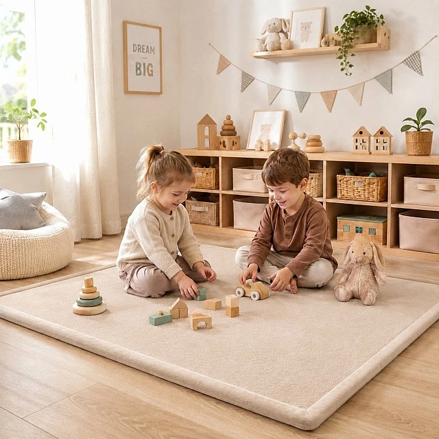 Children's Memory Rug GINGER HOME LOLLA, 150x200 cm, 3.5 cm Thickness, Velvety Soft Waterproof Top Layer, Memory Foam, Anti-Slip Base, Beige