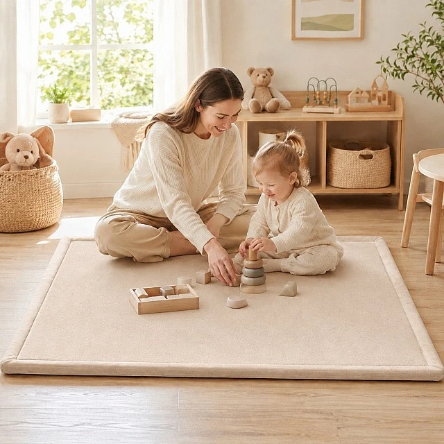 Children's Memory Rug GINGER HOME LOLLA, 150x200 cm, 3.5 cm Thickness, Velvety Soft Waterproof Top Layer, Memory Foam, Anti-Slip Base, Beige