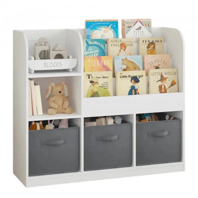 Детски Органайзер GINGER HOME, Етажерка с Рафтове за Играчки и Книги, 3 Текстилни Кутии, Дървен, Бял, 92x30x80 см, Монтесори