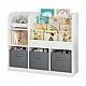 Children's Organizer GINGER HOME, Bookshelf with Shelves for Toys and Books, 3 Textile Boxes, Wooden, White, 92x30x80 cm, Montessori