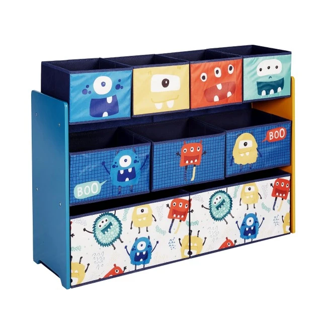 Children’s Toy Organizer, Shelf, Section, with 9 Textile Storage Boxes - MONSTER
