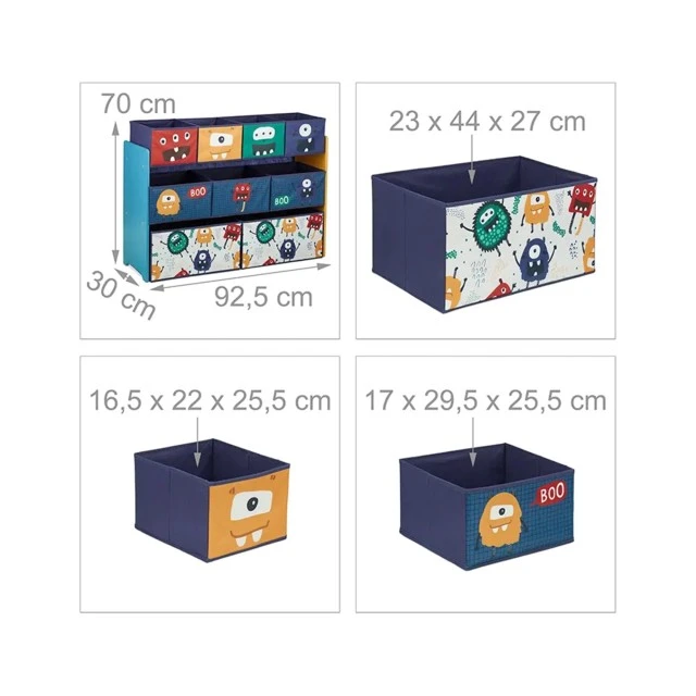 Children’s Toy Organizer, Shelf, Section, with 9 Textile Storage Boxes - MONSTER