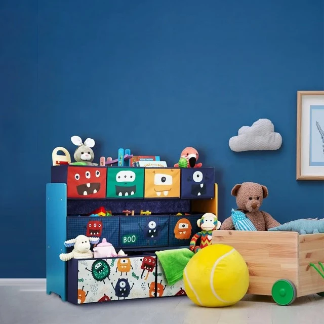 Children’s Toy Organizer, Shelf, Section, with 9 Textile Storage Boxes - MONSTER
