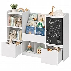 Детски Органайзер за Играчки GINGER HOME с Черна Дъска, Етажерка, 2 Чекмеджета и 6 Отделения, Масивно Дърво и MDF, 140x51x80 см