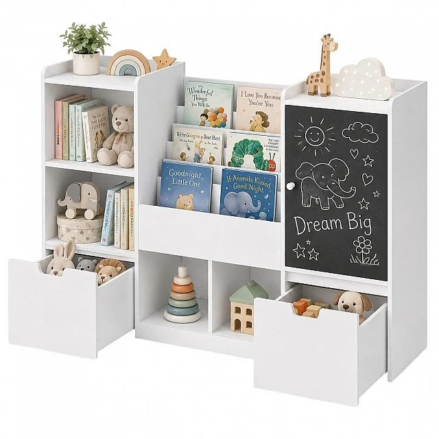 GINGER HOME Children's Toy Organizer with Blackboard, Shelf, 2 Drawers and 6 Compartments, Solid Wood and MDF, 140x51x80 cm