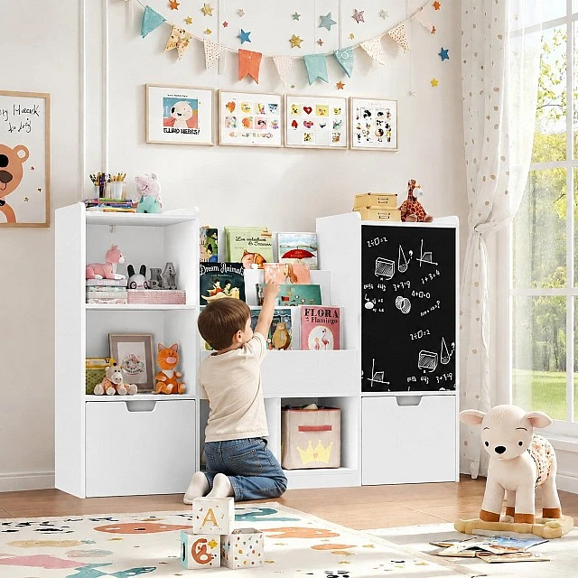GINGER HOME Children's Toy Organizer with Blackboard, Shelf, 2 Drawers and 6 Compartments, Solid Wood and MDF, 140x51x80 cm