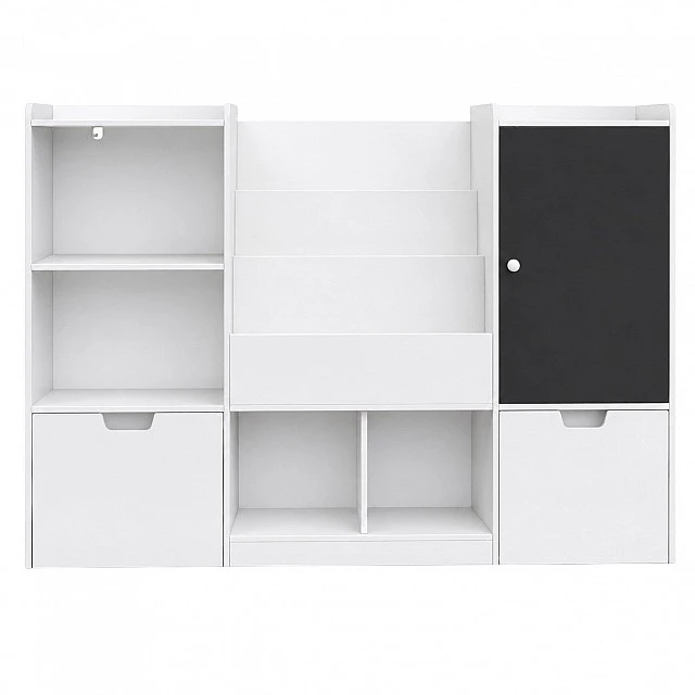 GINGER HOME Children's Toy Organizer with Blackboard, Shelf, 2 Drawers and 6 Compartments, Solid Wood and MDF, 140x51x80 cm