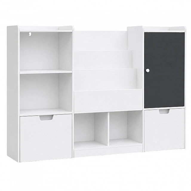 GINGER HOME Children's Toy Organizer with Blackboard, Shelf, 2 Drawers and 6 Compartments, Solid Wood and MDF, 140x51x80 cm