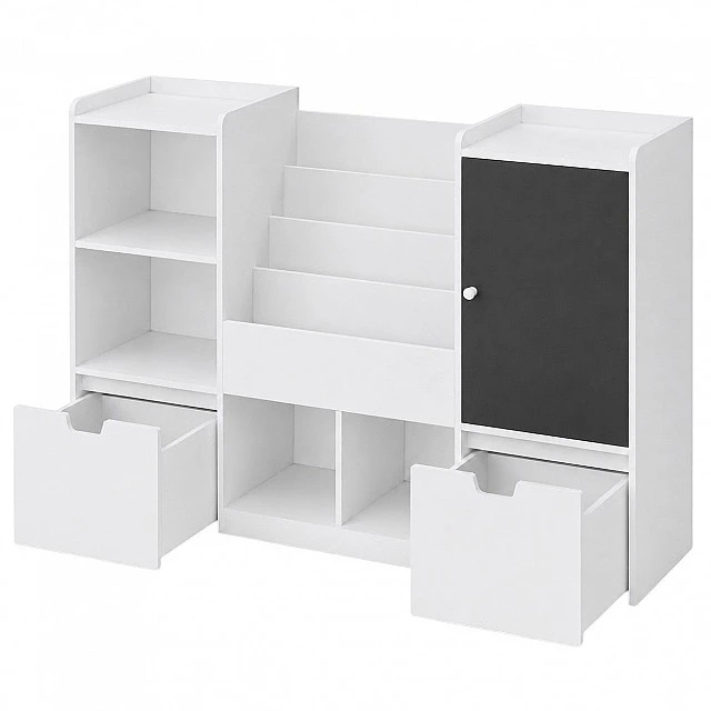 GINGER HOME Children's Toy Organizer with Blackboard, Shelf, 2 Drawers and 6 Compartments, Solid Wood and MDF, 140x51x80 cm