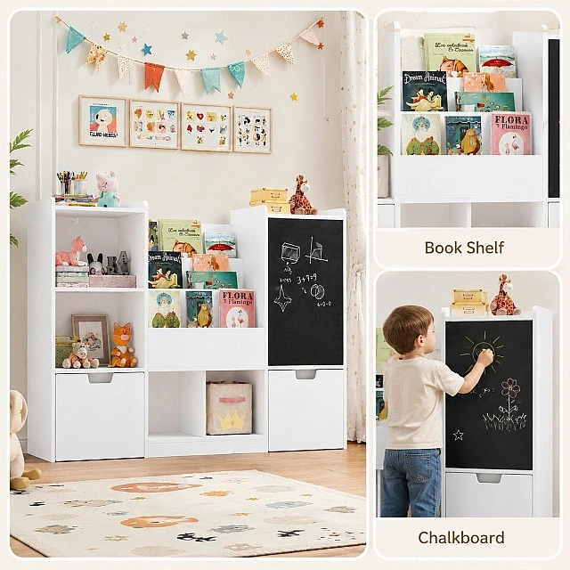 GINGER HOME Children's Toy Organizer with Blackboard, Shelf, 2 Drawers and 6 Compartments, Solid Wood and MDF, 140x51x80 cm