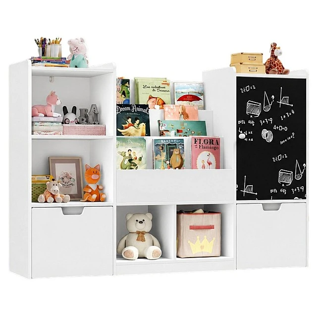GINGER HOME Children's Toy Organizer with Blackboard, Shelf, 2 Drawers and 6 Compartments, Solid Wood and MDF, 140x51x80 cm