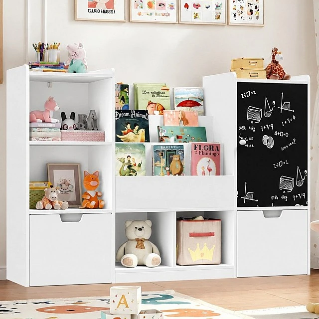 GINGER HOME Children's Toy Organizer with Blackboard, Shelf, 2 Drawers and 6 Compartments, Solid Wood and MDF, 140x51x80 cm