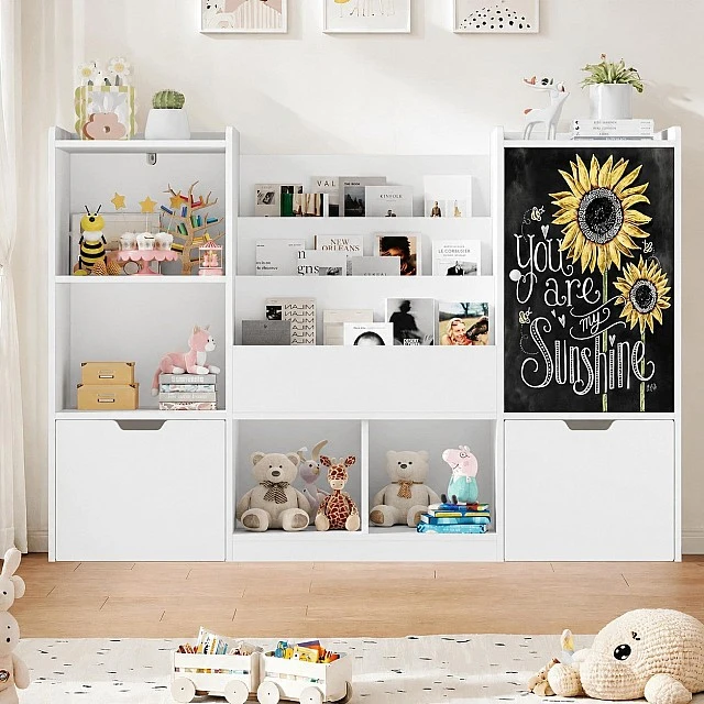 GINGER HOME Children's Toy Organizer with Blackboard, Shelf, 2 Drawers and 6 Compartments, Solid Wood and MDF, 140x51x80 cm