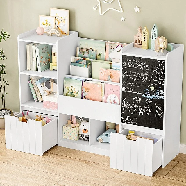 GINGER HOME Children's Toy Organizer with Blackboard, Shelf, 2 Drawers and 6 Compartments, Solid Wood and MDF, 140x51x80 cm