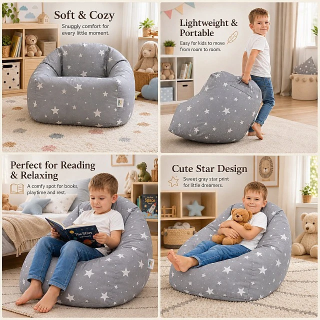 Children's Pouf Armchair GINGER HOME Little Stars, 100% Cotton, Gray Barbaron With Stars, 55x44x55 cm