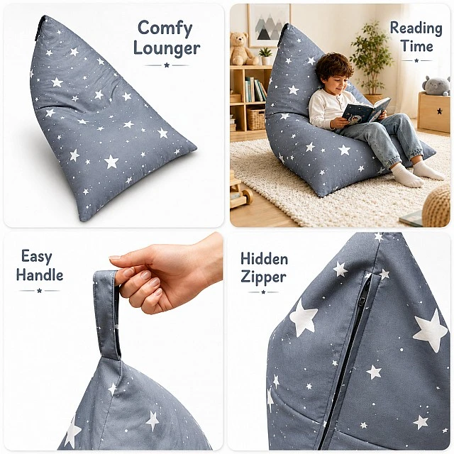 Children's Pouf Lounger GINGER HOME Little Stars, 100% Cotton, Gray Barbaron with Stars, 127x81x76 cm