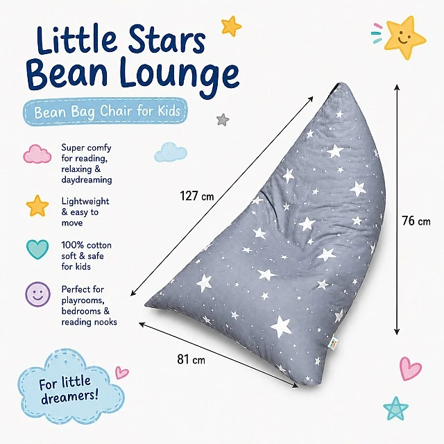 Children's Pouf Lounger GINGER HOME Little Stars, 100% Cotton, Gray Barbaron with Stars, 127x81x76 cm