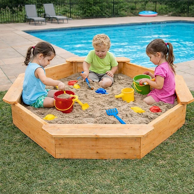 Children's wooden sandbox GINGER HOME – 8-sided model with 4 seats, 134.5×134.5 cm