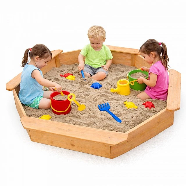 Children's wooden sandbox GINGER HOME – 8-sided model with 4 seats, 134.5×134.5 cm