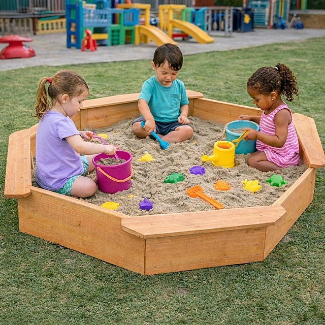 Children's wooden sandbox GINGER HOME – 8-sided model with 4 seats, 134.5×134.5 cm