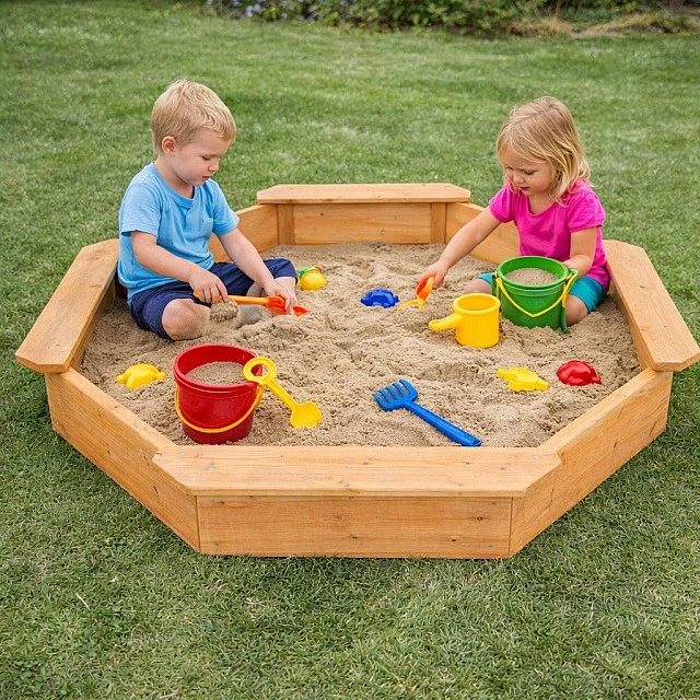 Children's wooden sandbox GINGER HOME – 8-sided model with 4 seats, 134.5×134.5 cm