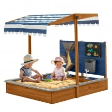 Children's Wooden Sandbox GINGER HOME with Adjustable Roof, Play Accessories 120x120x120 cm - Ideal for Yard and Garden
