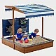 Детски Дървен Пясъчник GINGER HOME с Регулируем Покрив, Аксесоари за Игра 120x120x120 см – Идеален за Двор и Градина