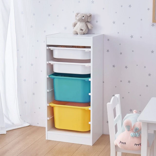 GINGER HOME Childrens Cabinet, Toy Shelf with 4 Storage Boxes, White