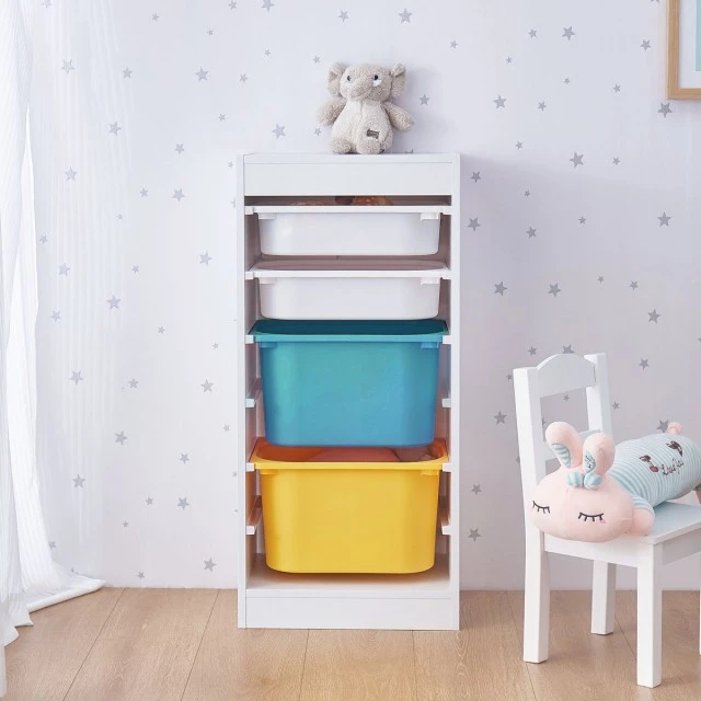 GINGER HOME Childrens Cabinet, Toy Shelf with 4 Storage Boxes, White