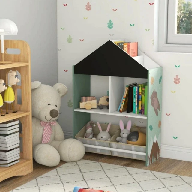 Детски Шкаф GINGER HOME, Етажерказа Играчки и Книжки  с Мече, Черна Дъска за Писане, Къщичка FOREST