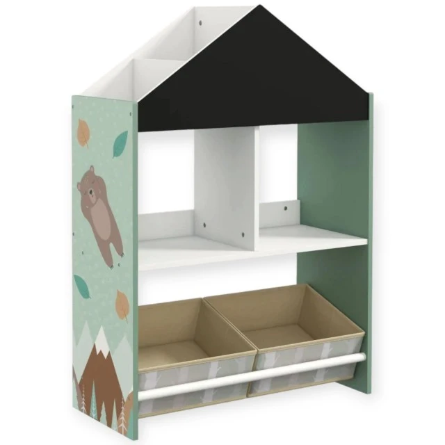 Детски Шкаф GINGER HOME, Етажерказа Играчки и Книжки  с Мече, Черна Дъска за Писане, Къщичка FOREST
