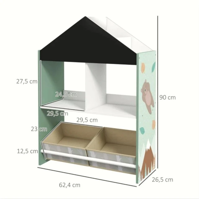 Детски Шкаф GINGER HOME, Етажерказа Играчки и Книжки  с Мече, Черна Дъска за Писане, Къщичка FOREST