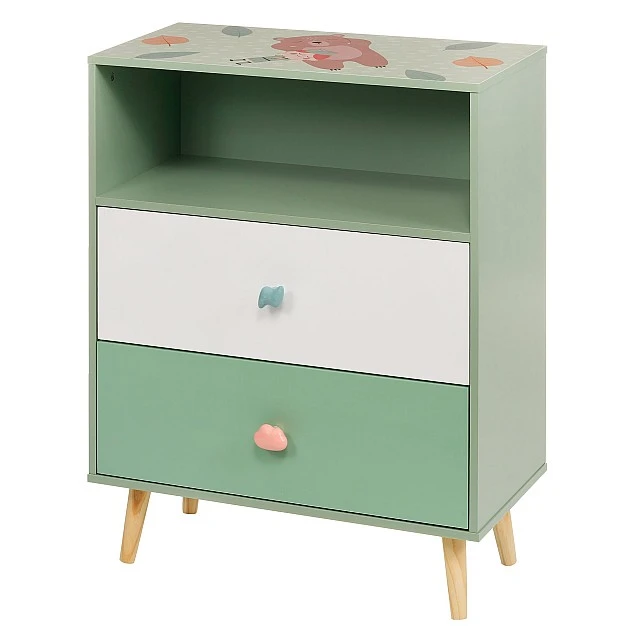 Детски Шкаф за Играчки и Дрехи GINGER HOME, Етажерка с за Детска Стая с 2 чекмеджета, Мече, FOREST