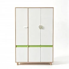 Children's Three-Wing Wardrobe GINGER HOME DINO, with Shelves, Hanger Lever and 6 Doors, White, Green and Natural Wood, 120x60x180 cm