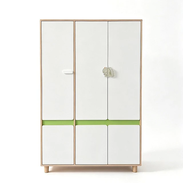 Children's Three-Wing Wardrobe GINGER HOME DINO, with Shelves, Hanger Lever and 6 Doors, White, Green and Natural Wood, 120x60x180 cm