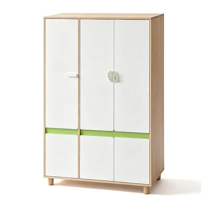 Children's Three-Wing Wardrobe GINGER HOME DINO, with Shelves, Hanger Lever and 6 Doors, White, Green and Natural Wood, 120x60x180 cm