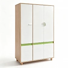 Children's Three-Wing Wardrobe GINGER HOME DINO, with Shelves, Hanger Lever and 6 Doors, White, Green and Natural Wood, 120x60x180 cm